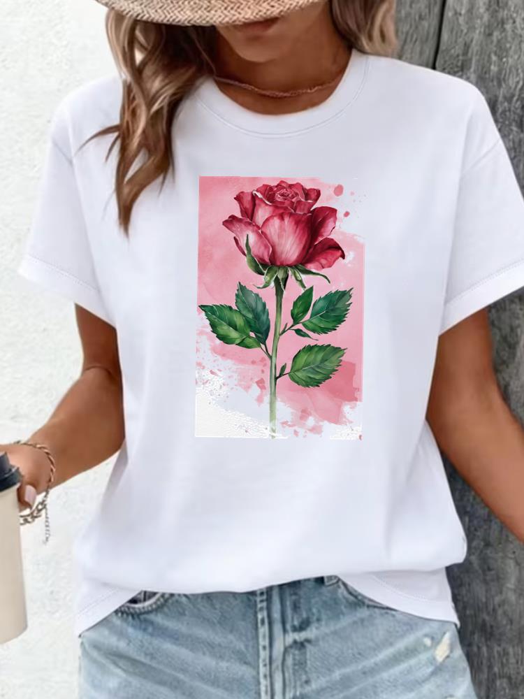 (Asian Size) Clothing T Shirt Print flower sweet Female Woman Women Fashion Tee Top Short Sleeve Graphic T-shirts