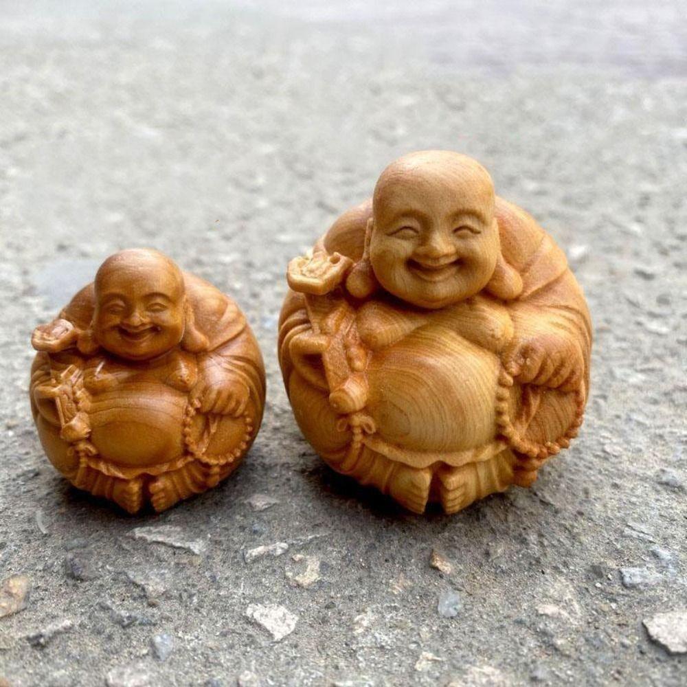 Woodcarving Laughing Buddha Maitreya Sculpture Mini Wooden Buddha Statue Craft Miniature Handmade Statue Children
