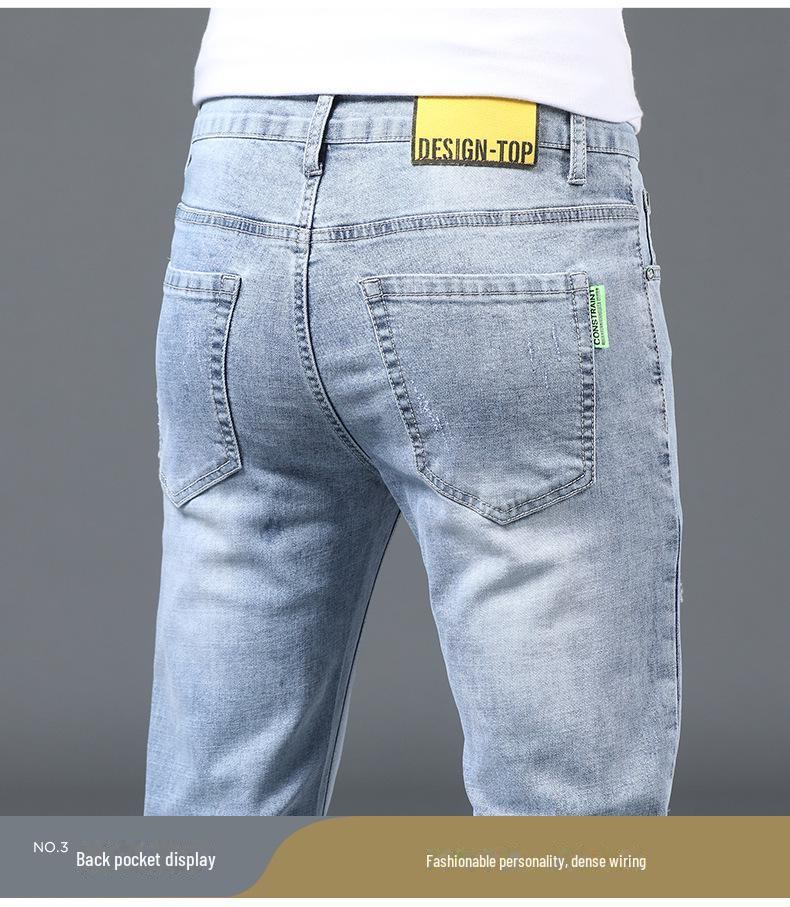 Men's Summer Light Ripped Slim Straight Jeans - Elastic, Casual, Thin, Korean Style.
