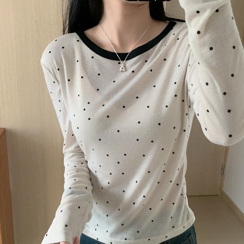 

Новая базовая рубашка с длинным рукавом в горошек для женщин, весенний дизайн, приталенная футболка с уникальным суперкрасивым верхом XL