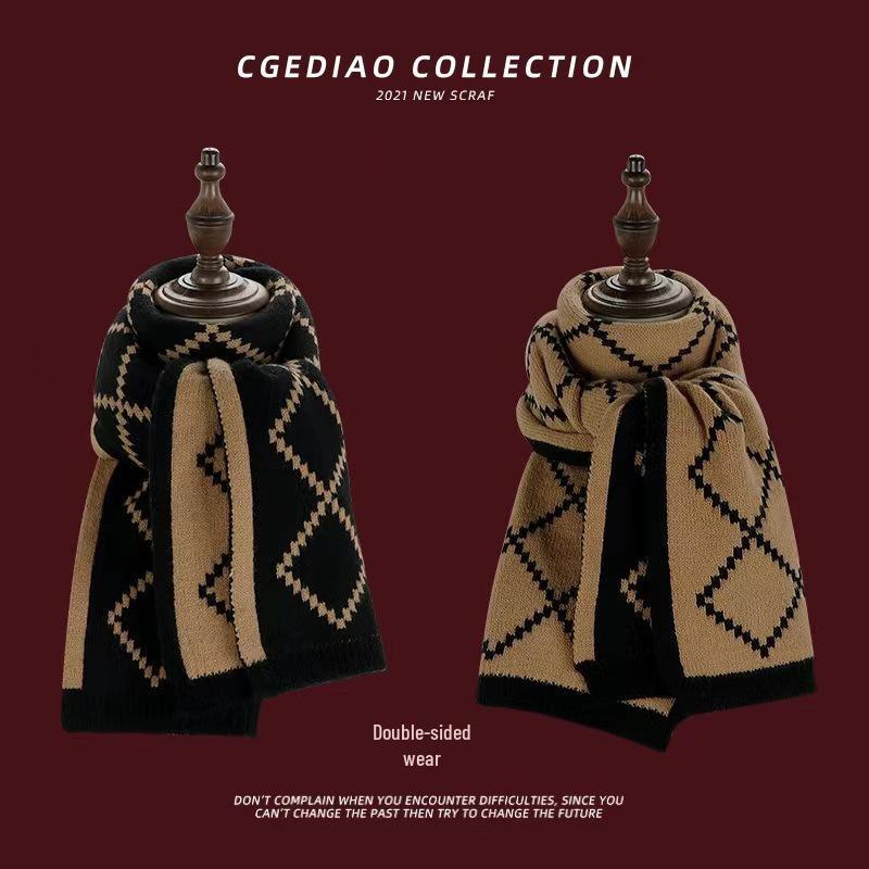 Korean-Style Houndstooth Knitted Round Neck Scarf - Warm, Versatile, Trendy Autumn/Winter Accessory