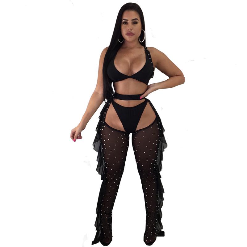 

European & American Women s Sexy Mesh Beaded Ruffle Three-Piece Set 2047 Extra Large чорний