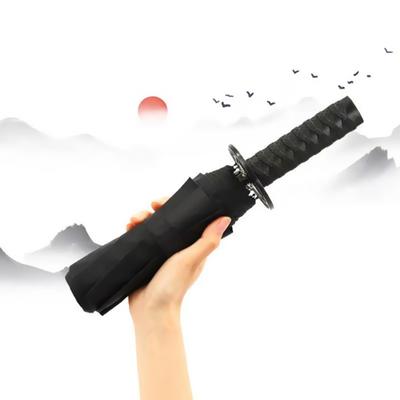 Outdoor Automatic Three-fold Samurai Eight-Bone Knife Umbrella Black Silver Metal Handle Sunscreen Anti-ultraviolet Umbrella