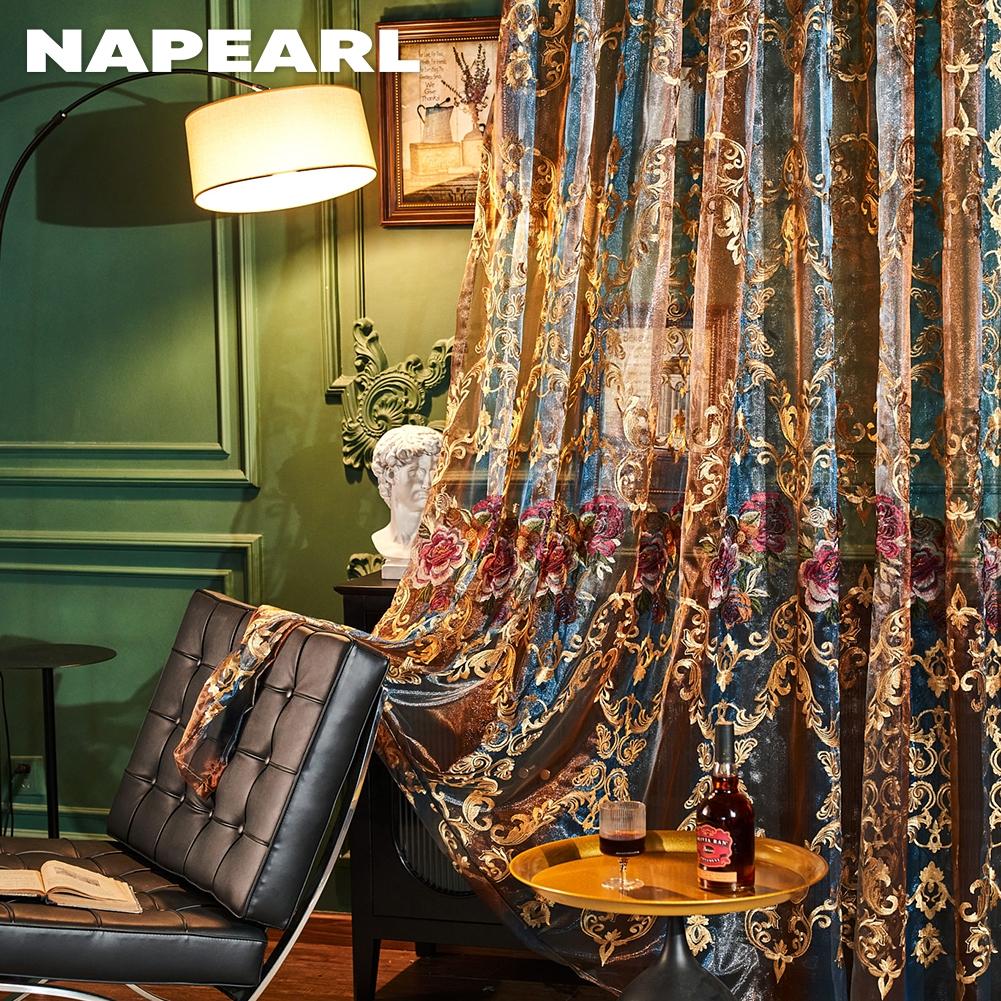 1 Stück NAPEARL Luxuriöser Floral Bestickter Tüllvorhang Nordischer Stil Fensterabdeckung für Schlafzimmer Wohnzimmer Heimdekoration