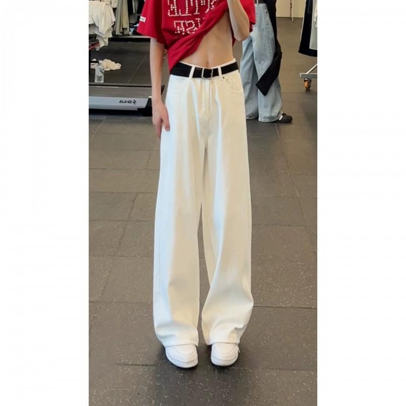 Mens White Wide Leg Jeans Letter Print High Waist Straight Pants American Streetwear Vibe
