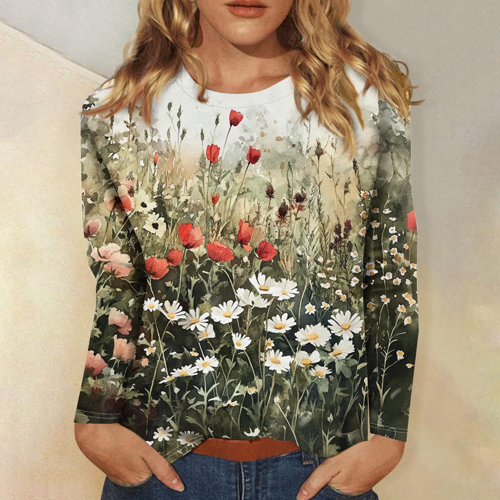 

Женская мода повседневная с длинным рукавом и цветочным принтом с круглым вырезом XXL армия зеленый