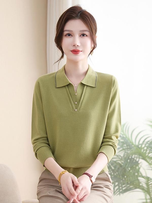 Mom's Autumn Knit Top - New 2026 Style for Middle-Aged & Elderly Women, Spring/Autumn Fashion Lapel Base Layer Shirt