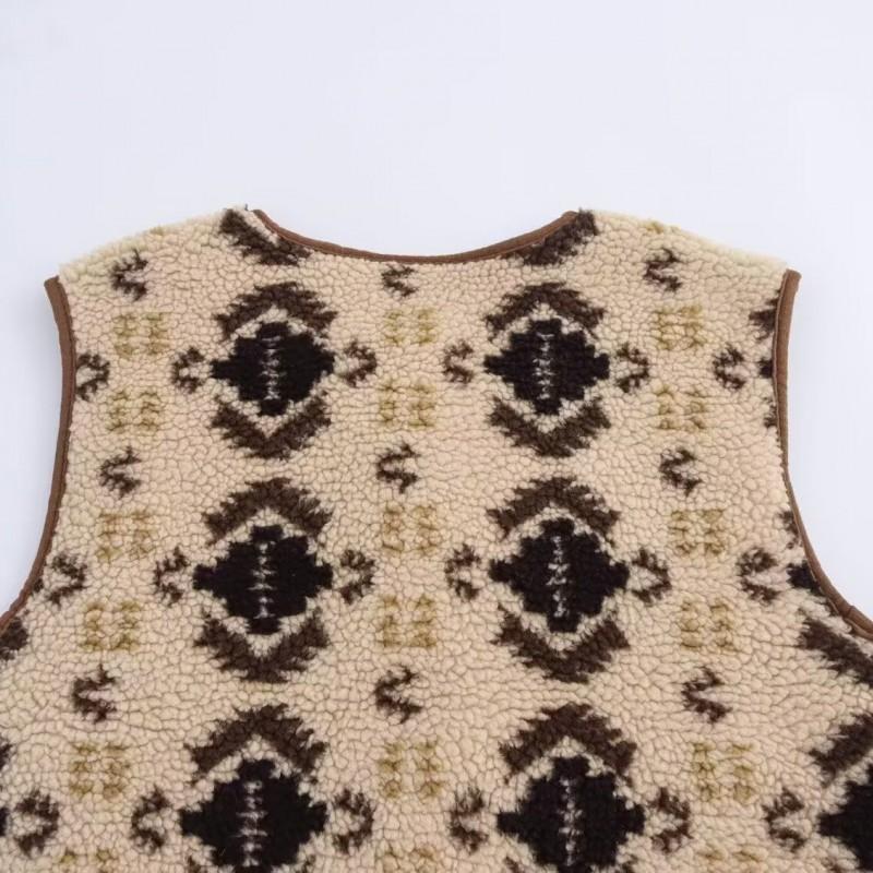 Womens Faux Fur Lined Vest With Print Design Round Neck Sleeveless Cardigan Style 2026 Outdoor Casual Wear