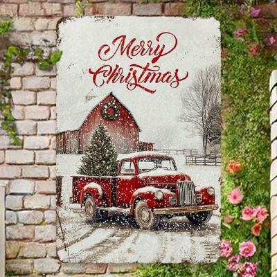 Vintage Frohe Weihnachten Roter Truck Metall Blechschild 12x8 Zoll, 2D Flache Rustikale Verschneite Wandplakette für Zuhause Hof