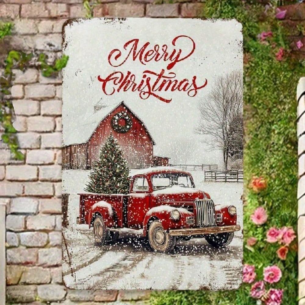 Vintage Merry Christmas Red Truck Metal Tin Sign 12x8 Inch, 2D Flat Rustic Snowy Wall Plaque for Home Yard