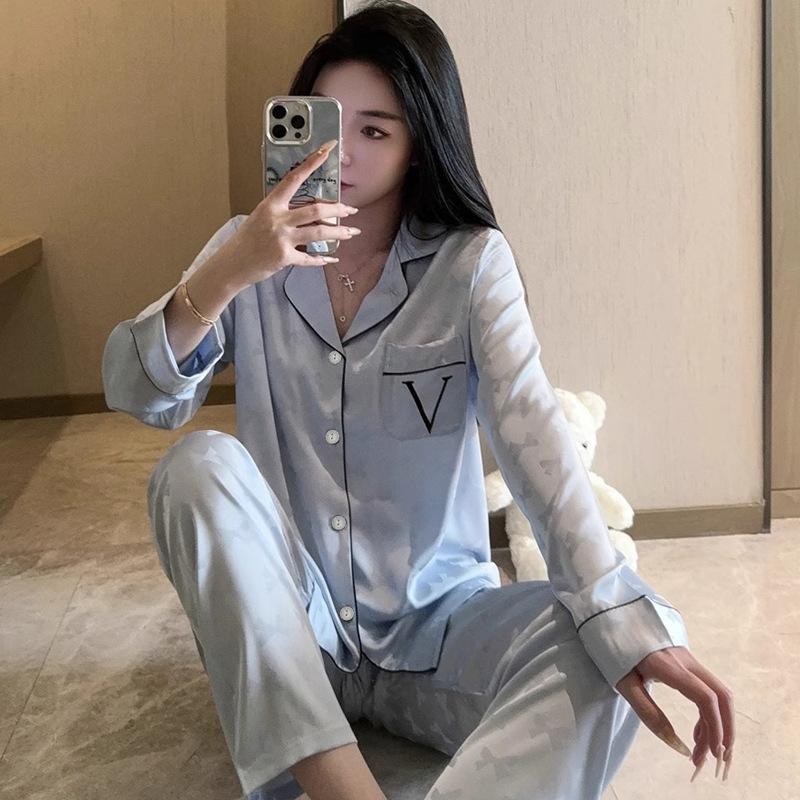 Japanese Simple Style Solid Color Summer Can Wear Long-Sleeved Trousers Lapel Loungewear Imitation Silk Pajamas