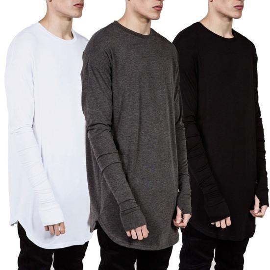 Herren T-Shirt Einfarbige Unregelmäßiger Saum Rundhals Langes Hemd mit Handschuhen für den täglichen Gebrauch