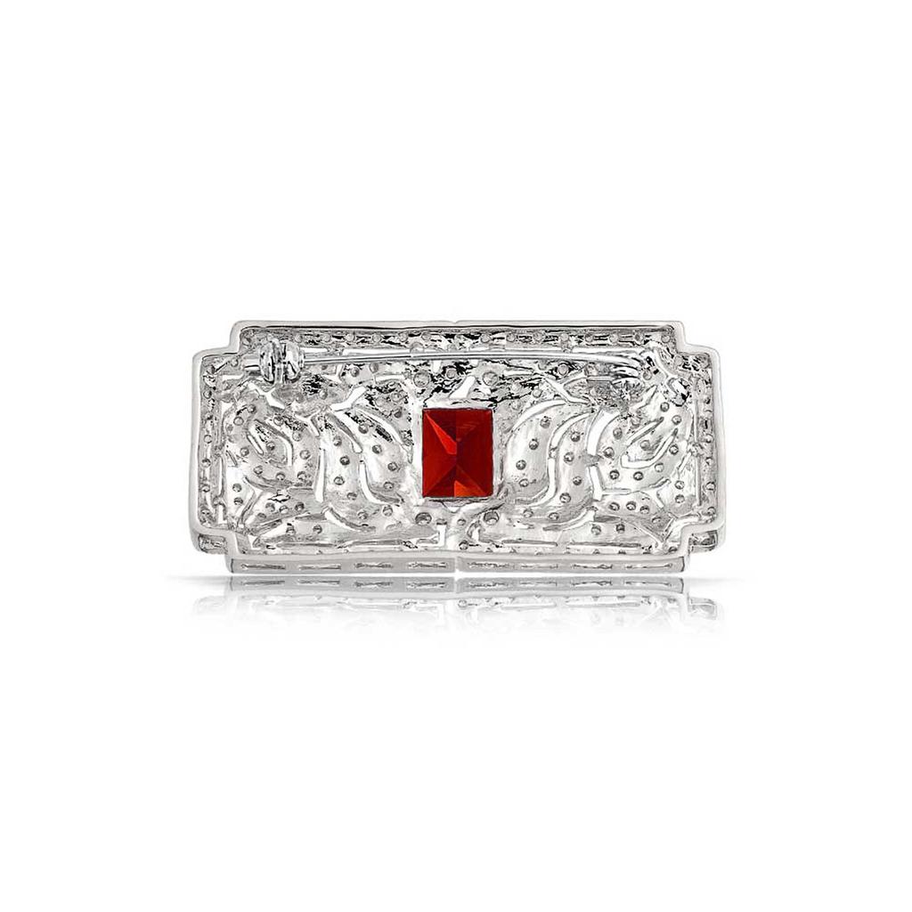 Red Patterned Ruby AAA CZ Rectangular Filigree Classic Art Deco Vintage Style Brooch Pin for Women Silver Plated