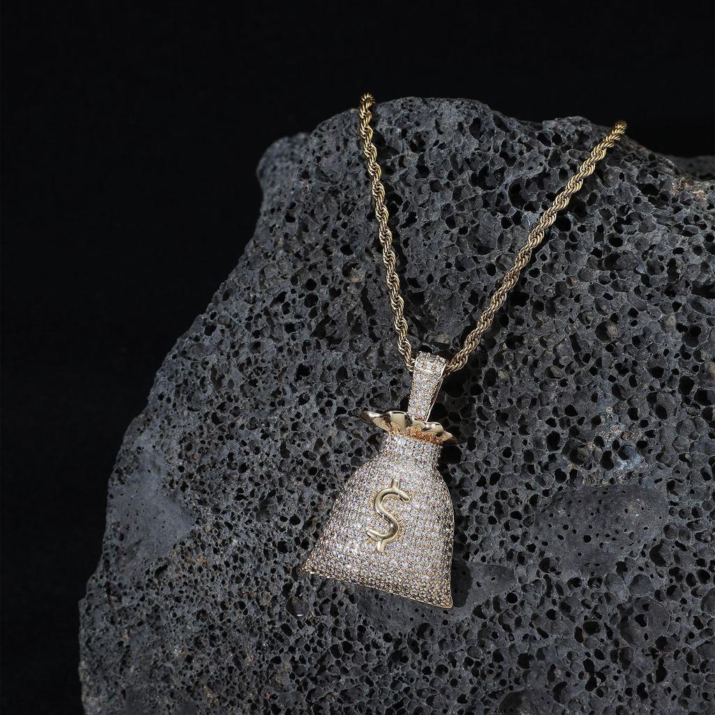 Hip Hop, Full Diamond Money Bag Personalized Dollar $Symbol Pendant Copper Inlaid Zircon Twist Chain Necklace Personalized Accessories