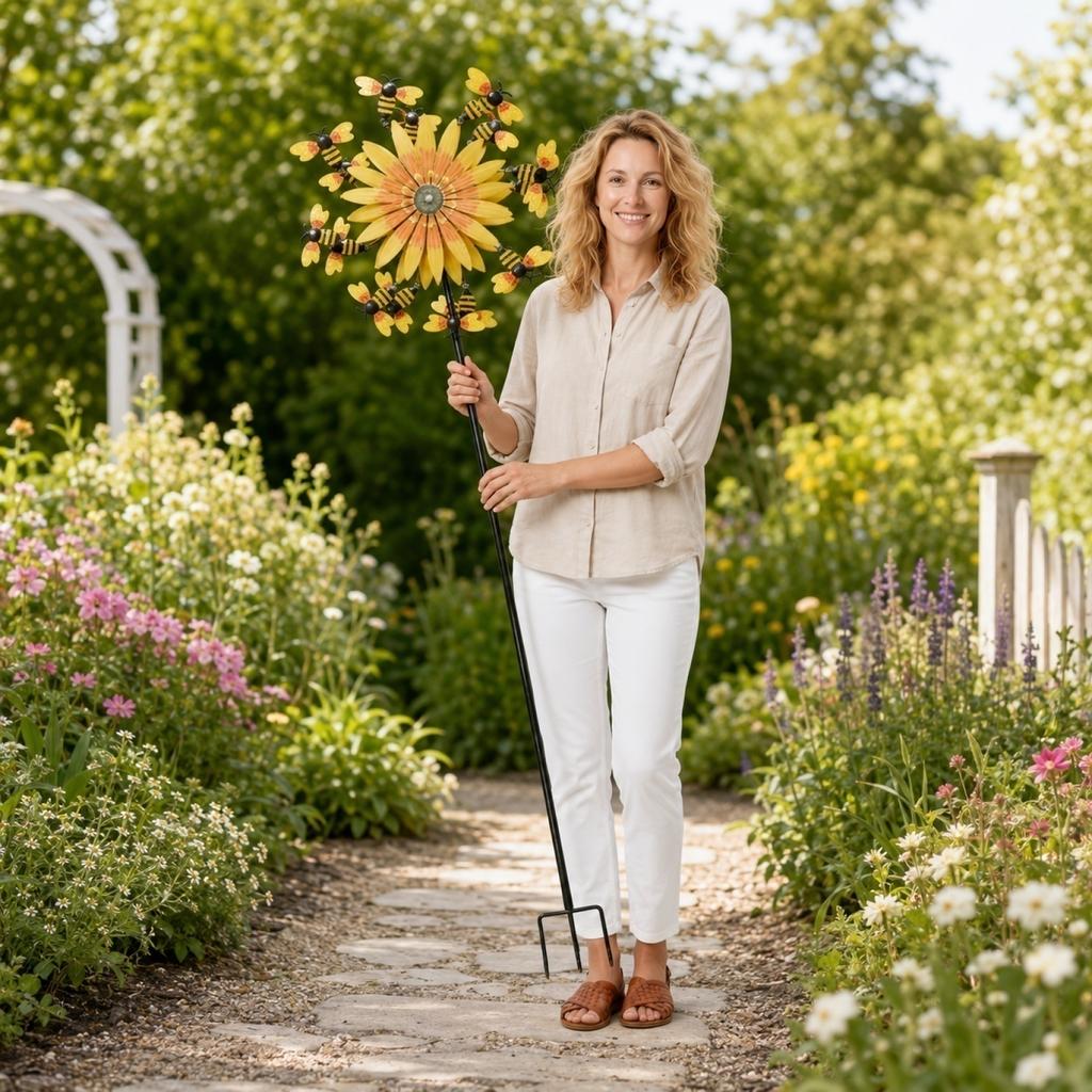 Metal Sunflower Garden Spinner with Rotating Bee Decorations Outdoor Yard Windmill Decorative Lawn Ornament for Patio Lawn