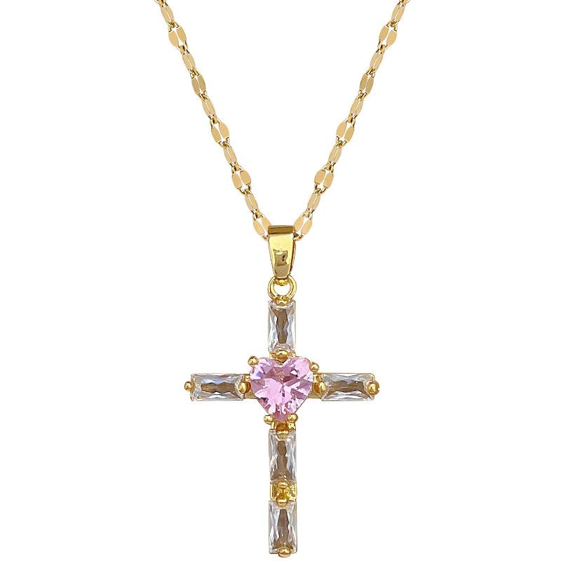 Pink Cross Light Luxury Temperament Gorgeous Full Diamond Necklace Female Versatile Collarbone Chain Titanium Steel Chain