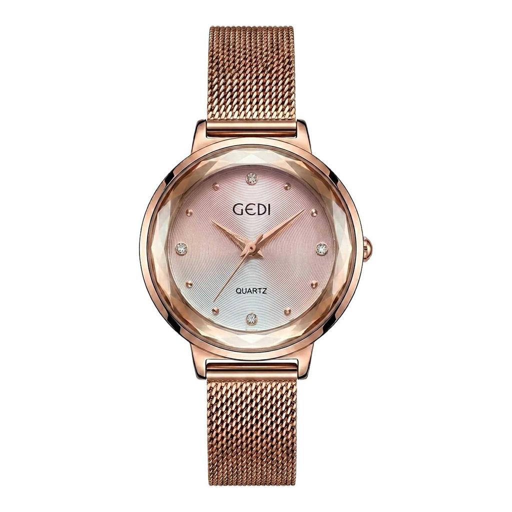Gedi Elegant Mesh Strap Women's Quartz Watch with Faceted Diamond Markers, Waterproof and Versatile for Everyday Wear.