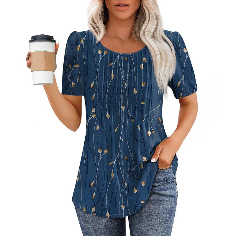 Neues plissee-Rundhals-Kurzarm-T-Shirt Damen-Oberteil Damenbekleidung