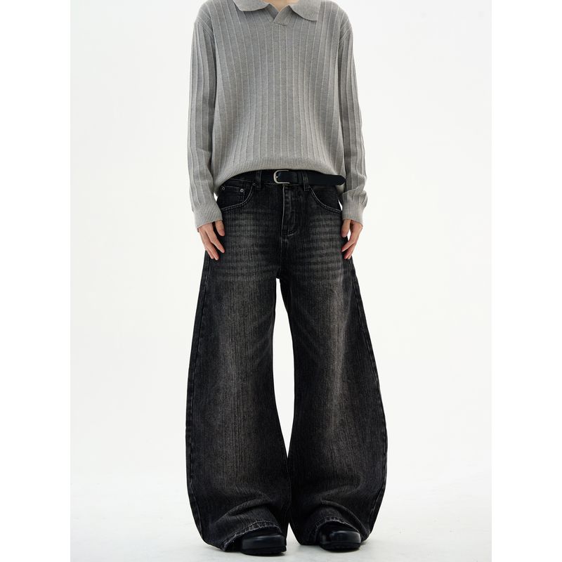 Kisko American Retro Washed Bamboo Texture Black Scimitar Jeans Unisex High-End Loose Straight Pants