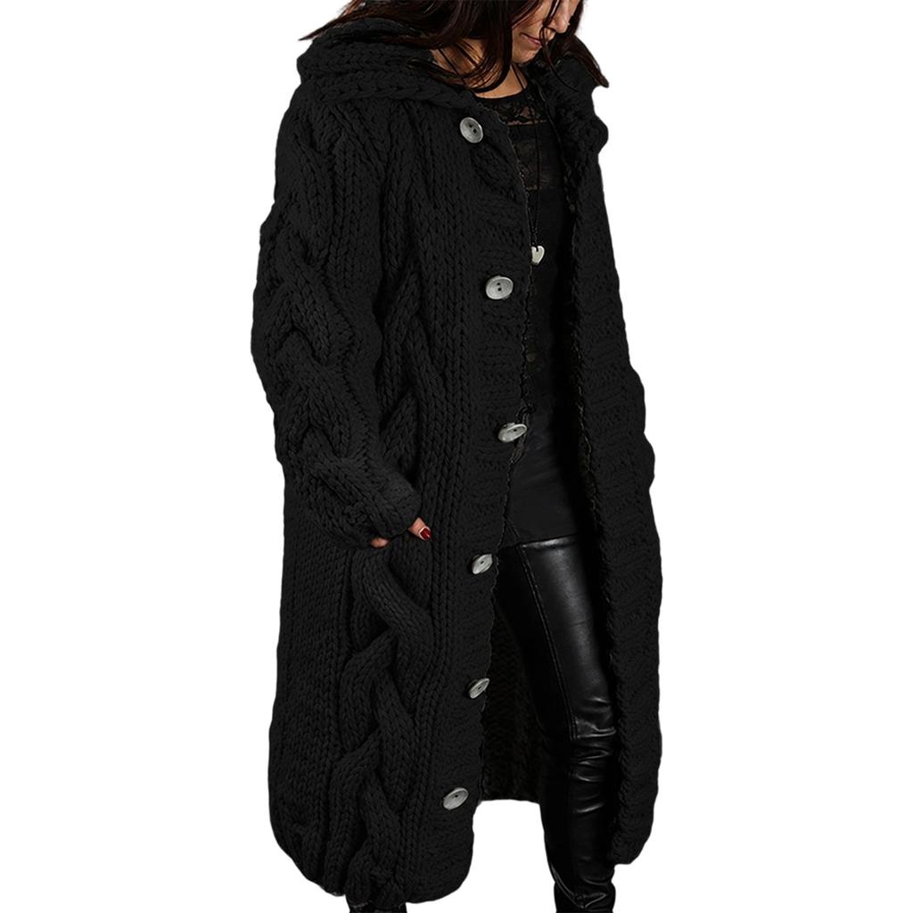 Women Hood Cardigan Large Size Sweater Pocket Single Breasted Long Sleeves Coat