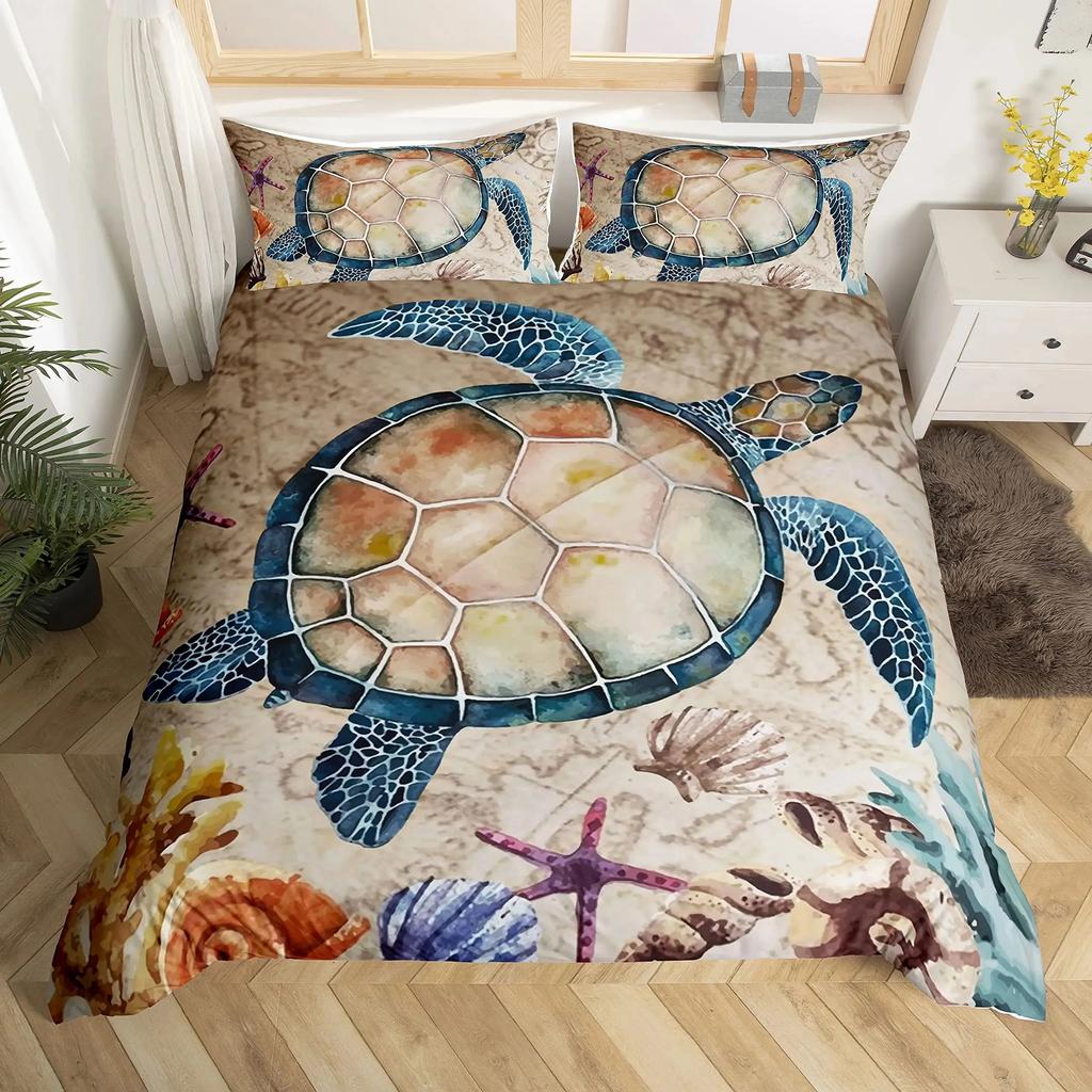 Sea Animals Duvet Cover Set Turtle Print Bedding Sets Queen Size 3D Gorgeous Luxury Comforter Cover Set Marine Life Quilt Cover