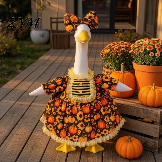 Garden Goose Statue Transformation Suits Thanksgiving Porch Outfits for 23" Statue, Fall Maple Leaf Autumn Harvest Clothes with Pumpkin Print Clothes,