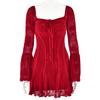 Damen Quadratischer Halsausschnitt Langarm Mini-Kleid Schlanke Passform Hohe Taille Blumenspitze Glockenärmel A-Linie Sexy Rückenfrei Partykleid
