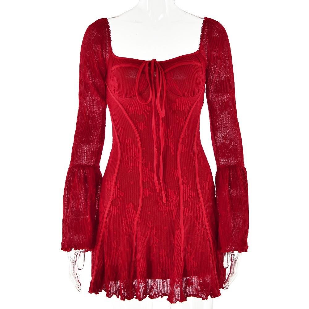 Damen Quadratischer Halsausschnitt Langarm Mini-Kleid Schlanke Passform Hohe Taille Blumenspitze Glockenärmel A-Linie Sexy Rückenfrei Partykleid