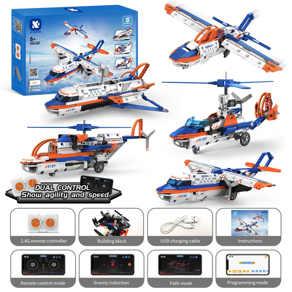 Moc 325Pcs 5 In 1 Creative Electric Rc Aircraft Model Assembly Diy Building Blocks Children'S Puzzle Toys Birthday Gift