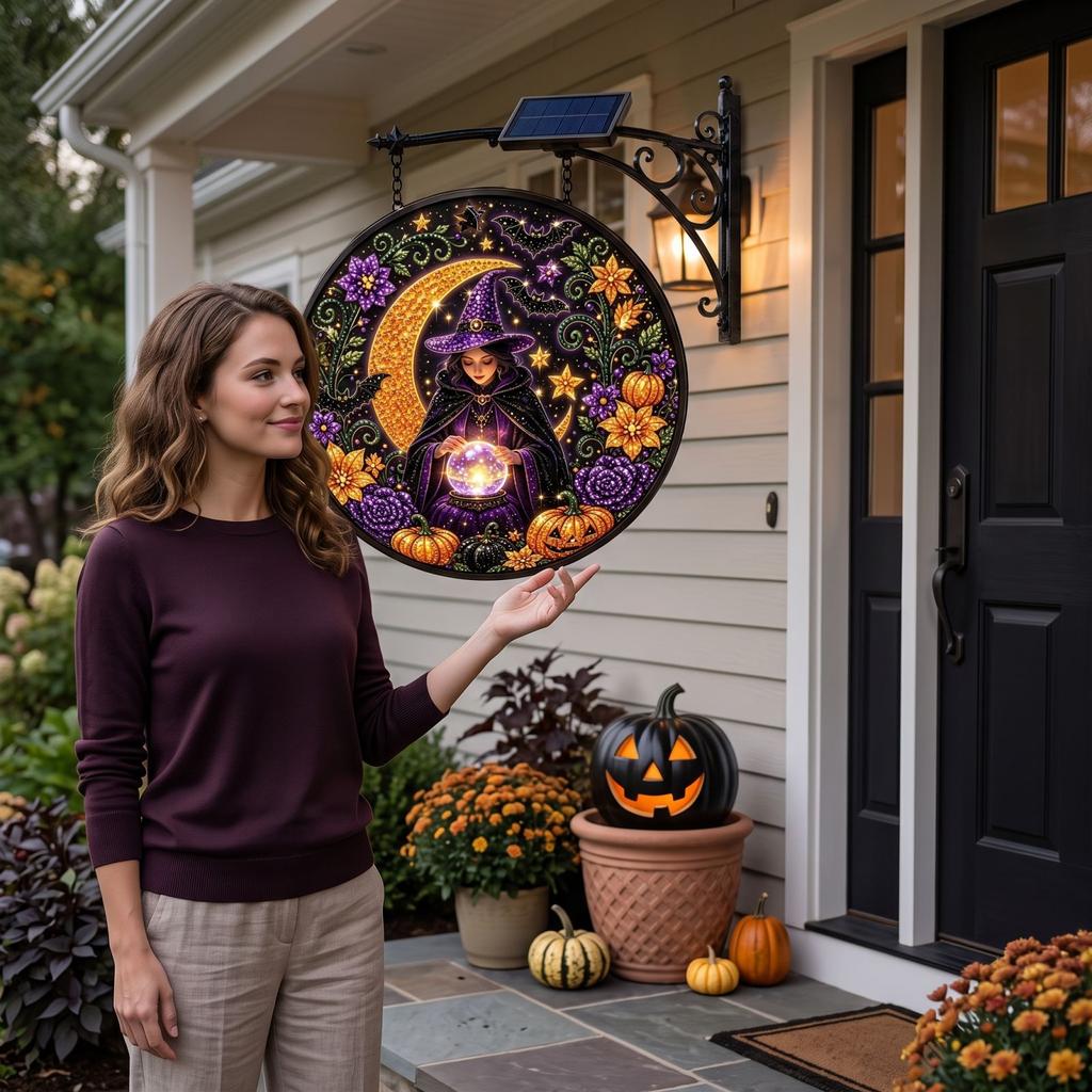 Halloween Wall Light Outdoor Round Decor with Pumpkin Moon Patterns for Front Door Porch Patio Decoration