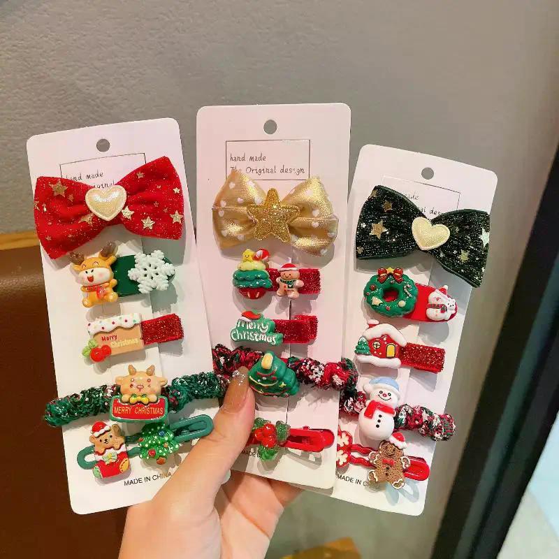 Christmas Special 5Pcs/Set Hair Accessories, Featuring Santa, Snowman, Elk Clips & Ties for Children