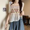 Niche Design Sense Hook Flower Hollow Temperament Square Neck Knitted Sweater Women's Summer Splicing Chiffon Short-sleeved Top