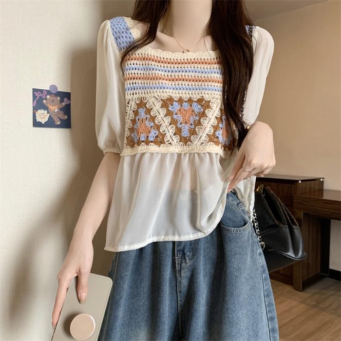 Niche Design Sense Hook Flower Hollow Temperament Square Neck Knitted Sweater Women's Summer Splicing Chiffon Short-sleeved Top