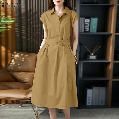 Women Turn Down Collar Summer Casual Short Sleeve Dress