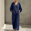 Women's Summer Two Piece Set V Neck Button Front Top with Three Quarter Sleeves and Loose Fit Casual Wide Leg Pants