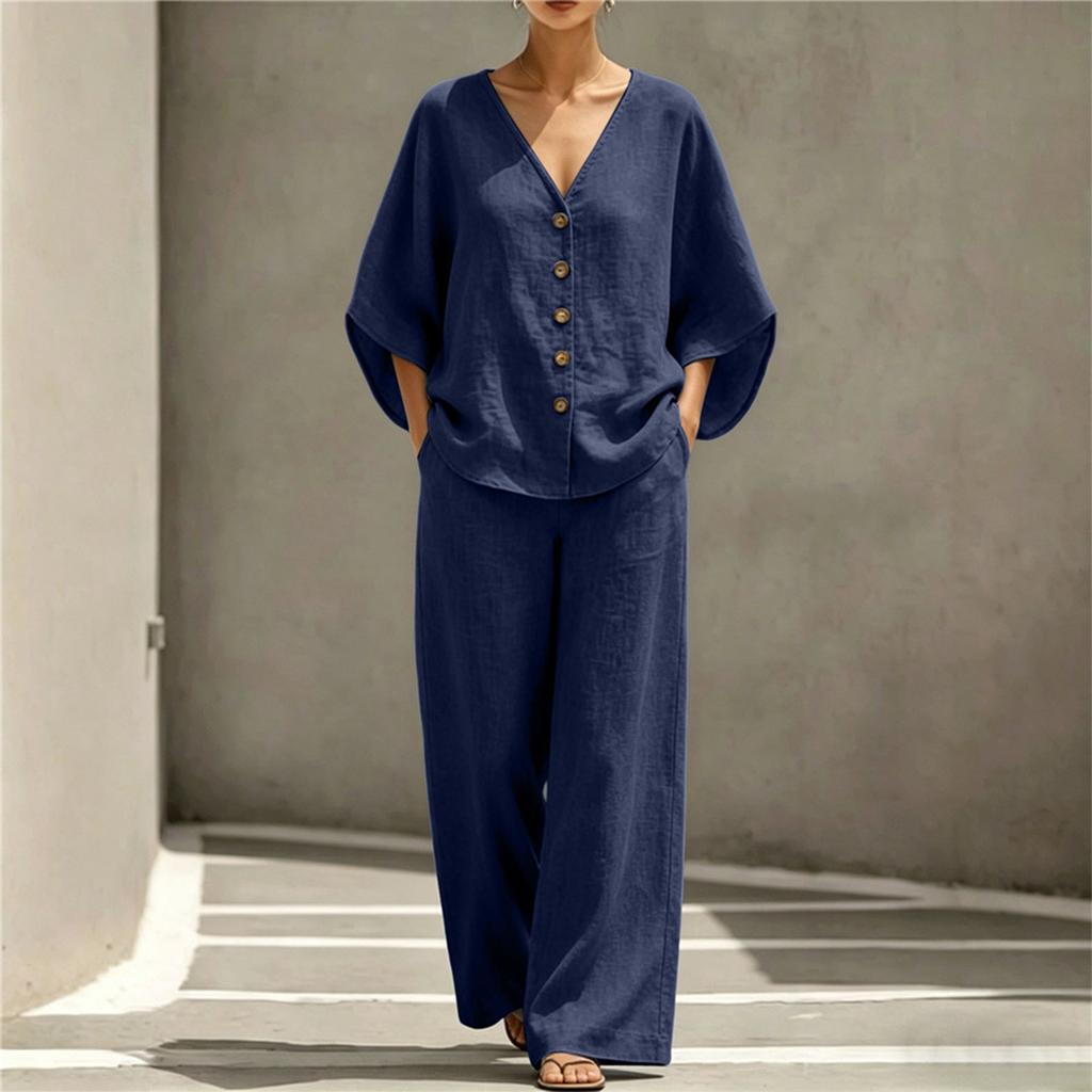 Women's Summer Two Piece Set V Neck Button Front Top with Three Quarter Sleeves and Loose Fit Casual Wide Leg Pants