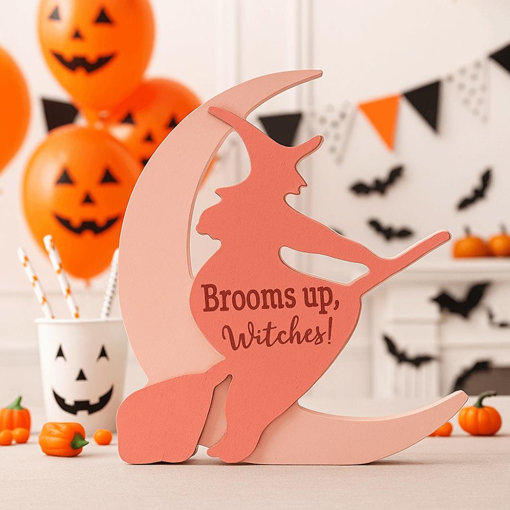 Wooden Moon Witch Decorations Handicraft Collectible Halloween Witch Ornaments Model Funny Moon Black Cat Ornaments