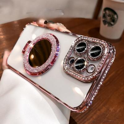 Hochwertiger Spiegelständer Glitzer Strass Handyhülle für iPhone 15 14 11 12 13 16 Pro Max 15 Plus Magnetisch Transparent Schutzhülle