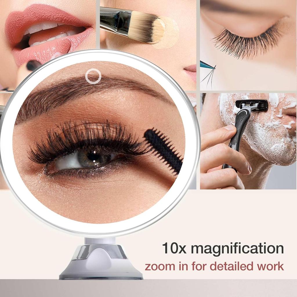 Portable 10X Magnifying Makeup Mirror with 3 Colors Lights Cosmetic Mirror with Suction Cup Brightness Dimmable 360° Rotation