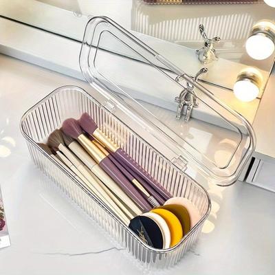 1 Transparent Plastic Cosmetic Storage Box with Cover, No Power Required, Dust-proof Storage Brush, Sponge, Lipstick