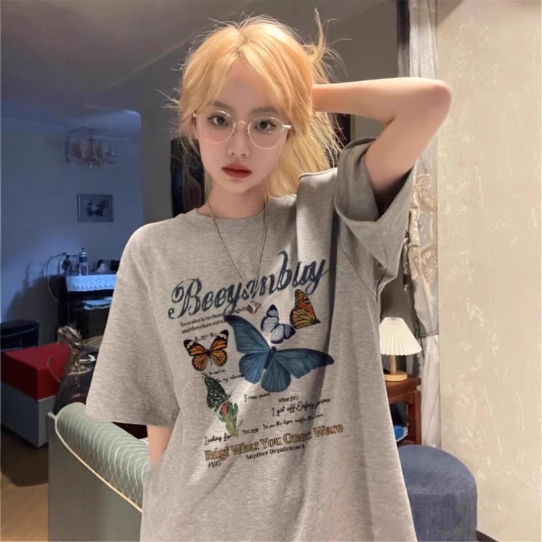 

Women s Loose-Fit Butterfly Retro Crew Neck T-Shirt, Summer 2025 Trend S абрикосовий