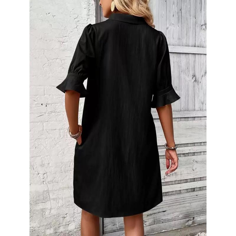Women's Spring Autumn Casual Loose Solid Color Shirt Dress, Lapel Collar Short Sleeve Button Down A-Line Mini Daily Wear Dress