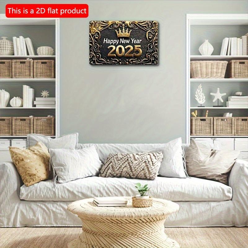 2d Flat 30*20cm, Boho Style Wooden "Happy New Year 2025" Sign, Wall Hanging Decorative Plaque, Multipurpose Square Wreath Sign, for Home, Kitchen,