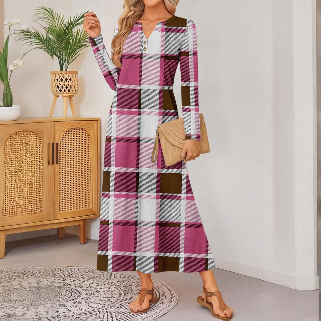 Damen Karomuster Langarm Bequemes Lockeres Kleid Elegantes Kleid