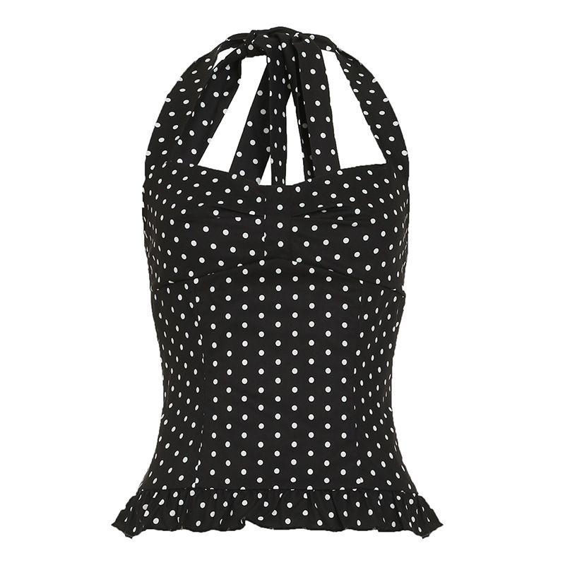 

Outfitgirl French Style Ruffles Polka Dot Print Ruched Halterneck Vest Easiest for Match Princess Style Waist-Controlled Top Female Black L