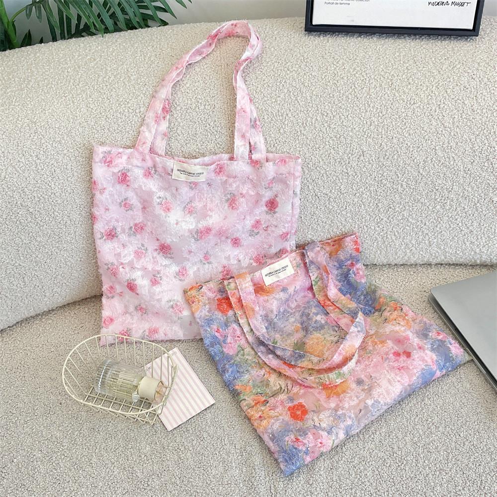 Floral Tote Bag With Textured Polyester For Daily School And Commute