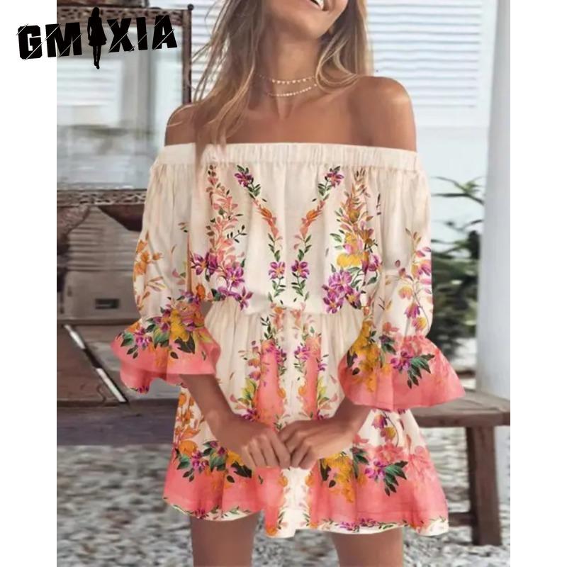 GMXIA Women's Fashion Summer Spring Solid Color Print 1/2 Sleeves One Shoulder High Waist Casual Dresses