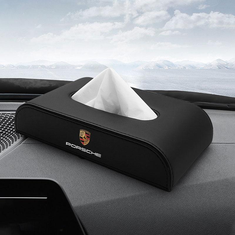 Leather Car Tissue Box Hanging Badge Paper Towel Bag Storage Auto Accessories For Porsche Cayenne Panamera Macan Boxster 911 Carrera-GT 928 944 918