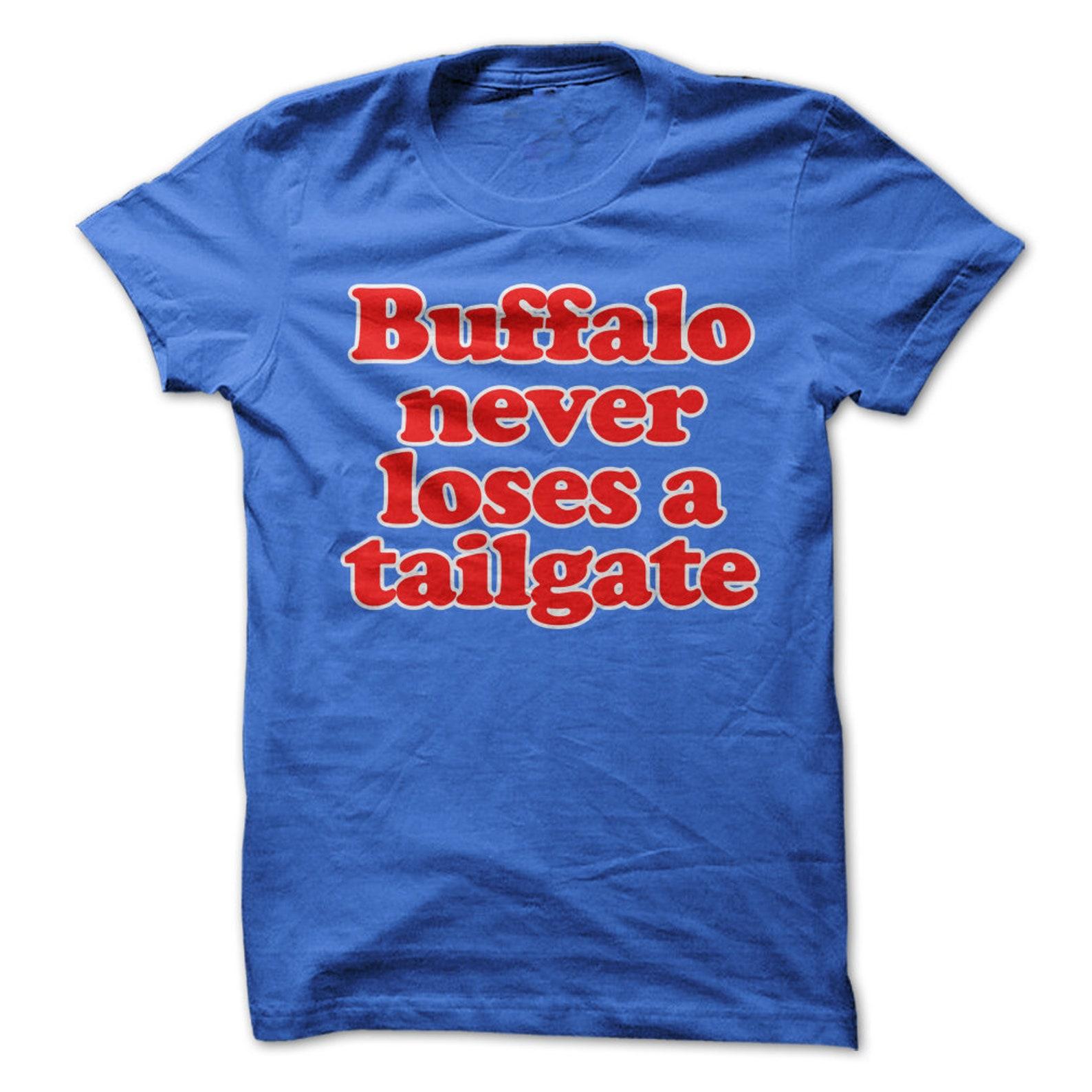 Buffalo Never Loses a Tailgate T-Shirt Design - Royal Blue Shirt with Red Print 2XL