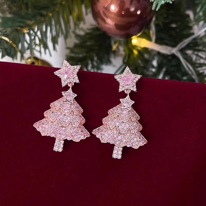 Exquisite Sparkling Zircon Christmas Tree Earrings For Women Full Rhinestone Xmas Tree Dangle Earring Girls Holiday Jewelry Gift